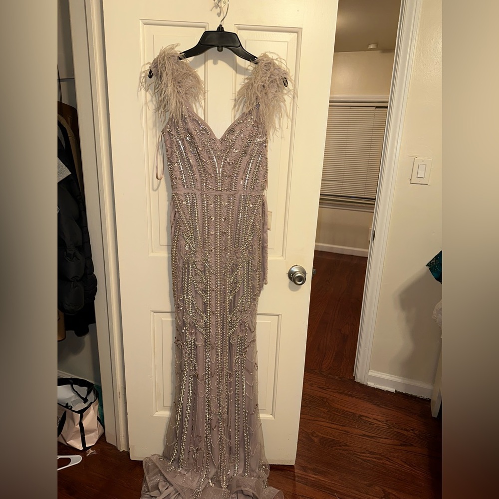 Lavender heavily beaded prom dress with belt and train absolutely stunning